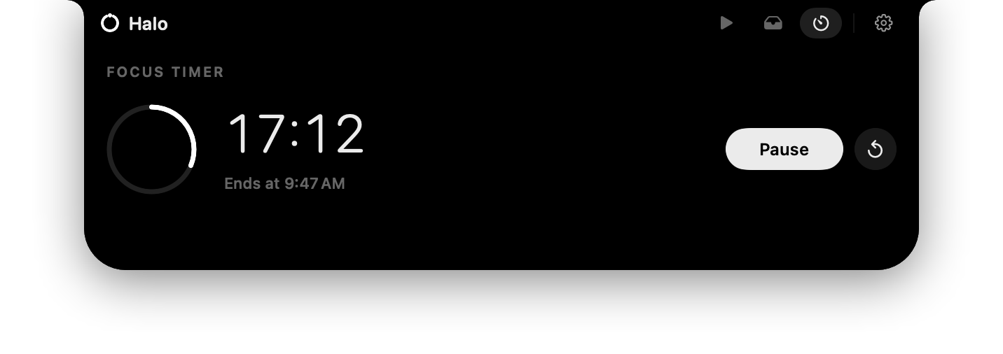 Halo's Focus Timer: a ring, 17:12 left, and Pause.